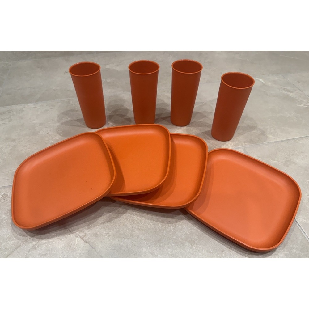 VTG 1970's Tupperware 8" Square Plates & 6"Tumbler Cups Harvest Orange Lot of 4